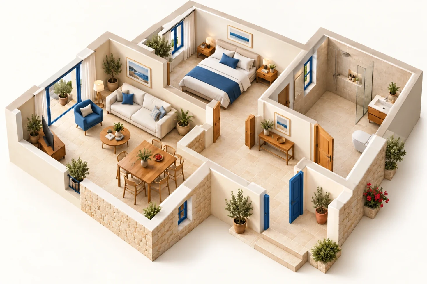 Architectural cutaway showing entrance steps, a living area, bathroom and bedroom. Use the numbered links to explore each area.