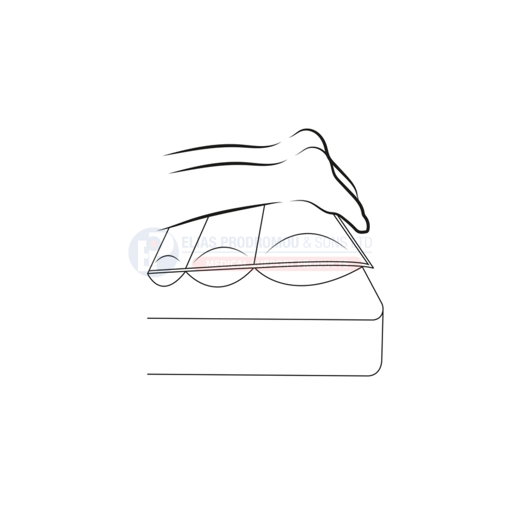 Supplier line illustration of lower legs resting on the wedge with heels beyond its edge. Manufacturer illustration; trained clinical use with full IFU and local protocol.