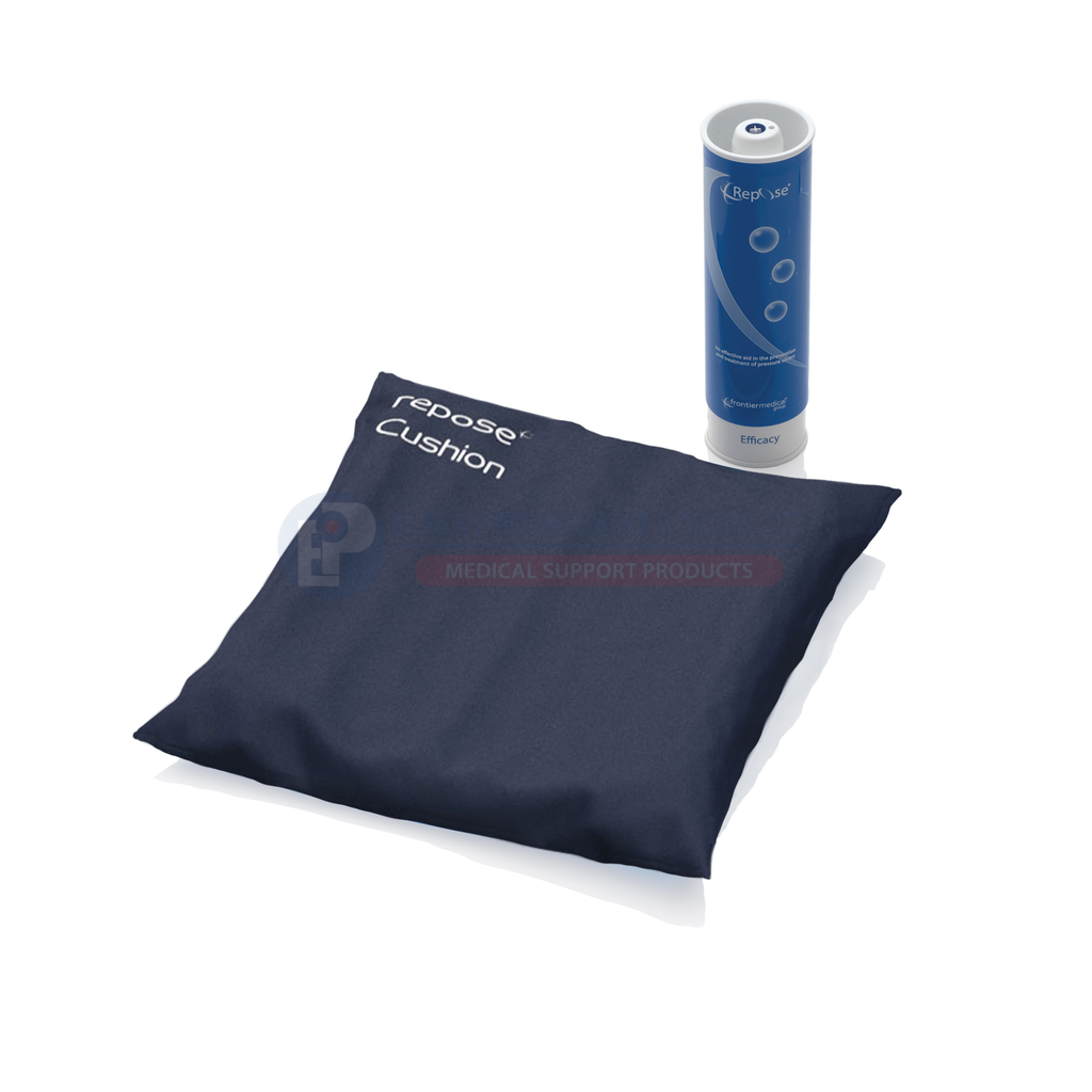 Illustrative covered Repose Cushion and pump. Selected set includes a 45 cm cushion, EU blue PU cover and Small Pump.