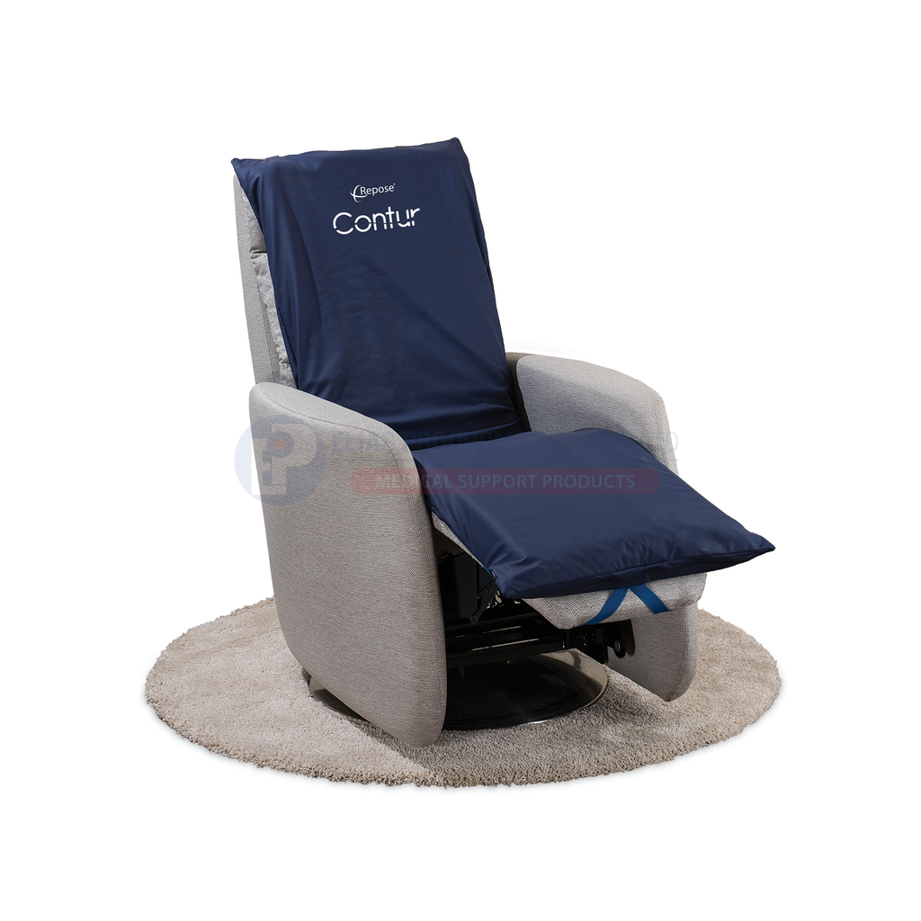 Contur fitted to a round-base recliner with the leg-rest extended. Cover shown fitted; air inner, pump and chair are not included.