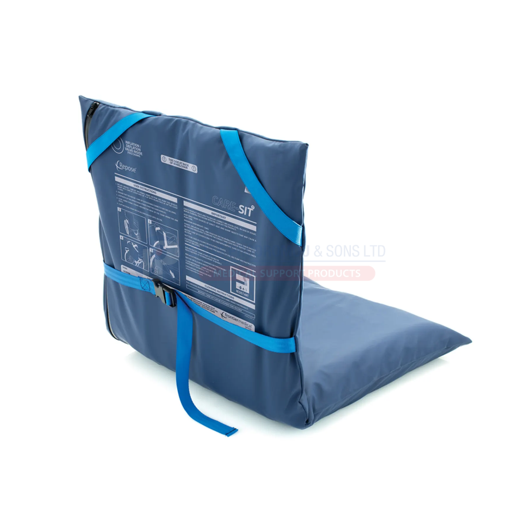 Care-Sit rear cover, attachment straps and instruction label. Representative Care-Sit cover shown fitted; selected cover is 45 cm. Inner, pump and chair are not included.