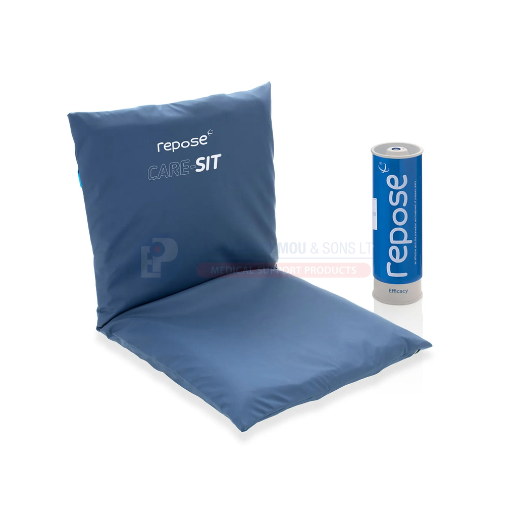 Care-Sit fitted blue cover and pump, front view. Representative Care-Sit fitted view; selected covered set is 45 cm. Chair is not included.