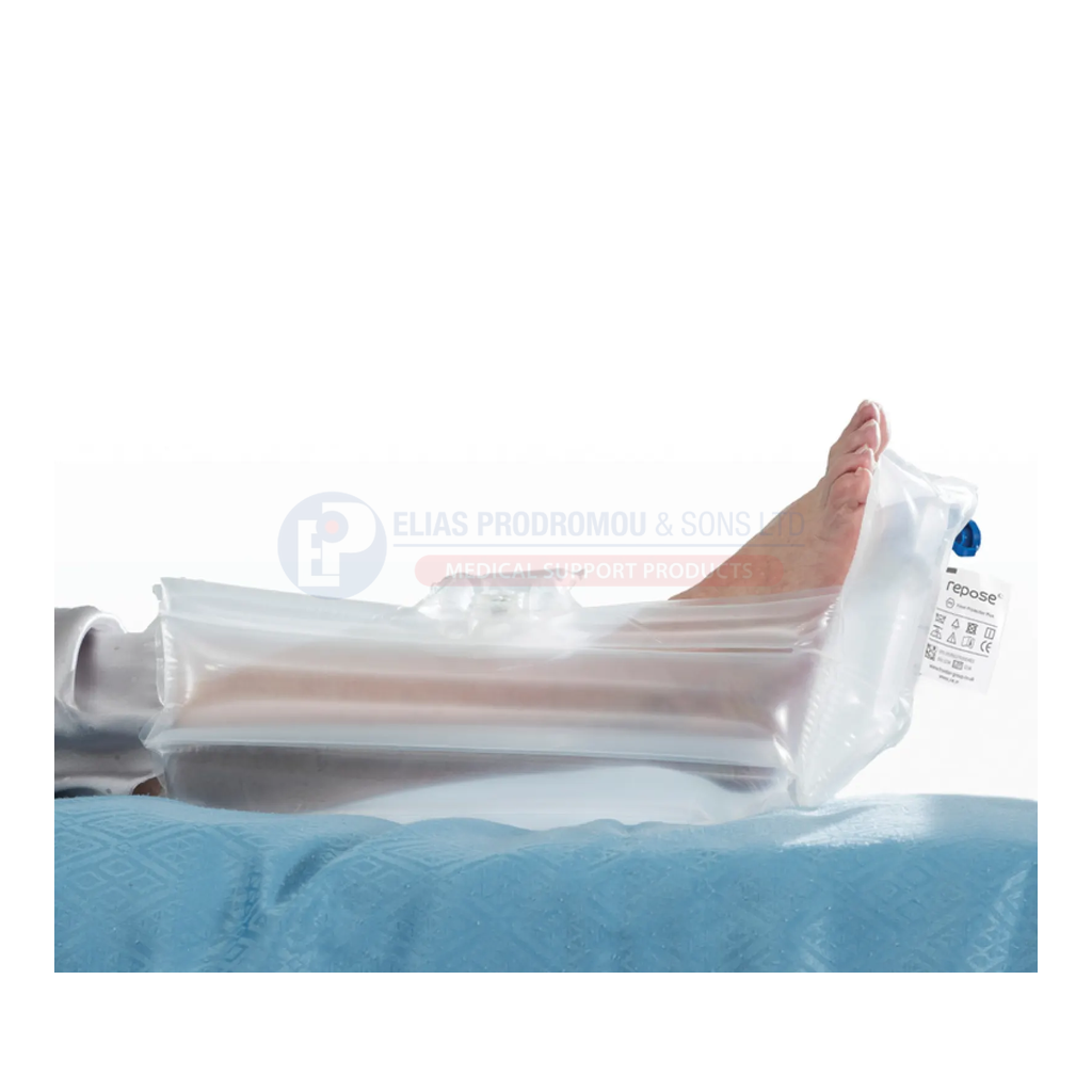 Foot Protector PLUS side view showing heel offload and fastening. Standard family fitting view; selected PLUS size is Standard.