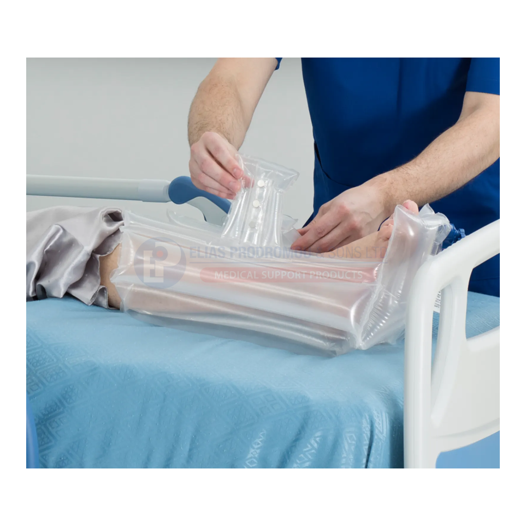A clinician adjusting a Foot Protector PLUS fastening. Standard family fitting view; selected PLUS size is Standard.