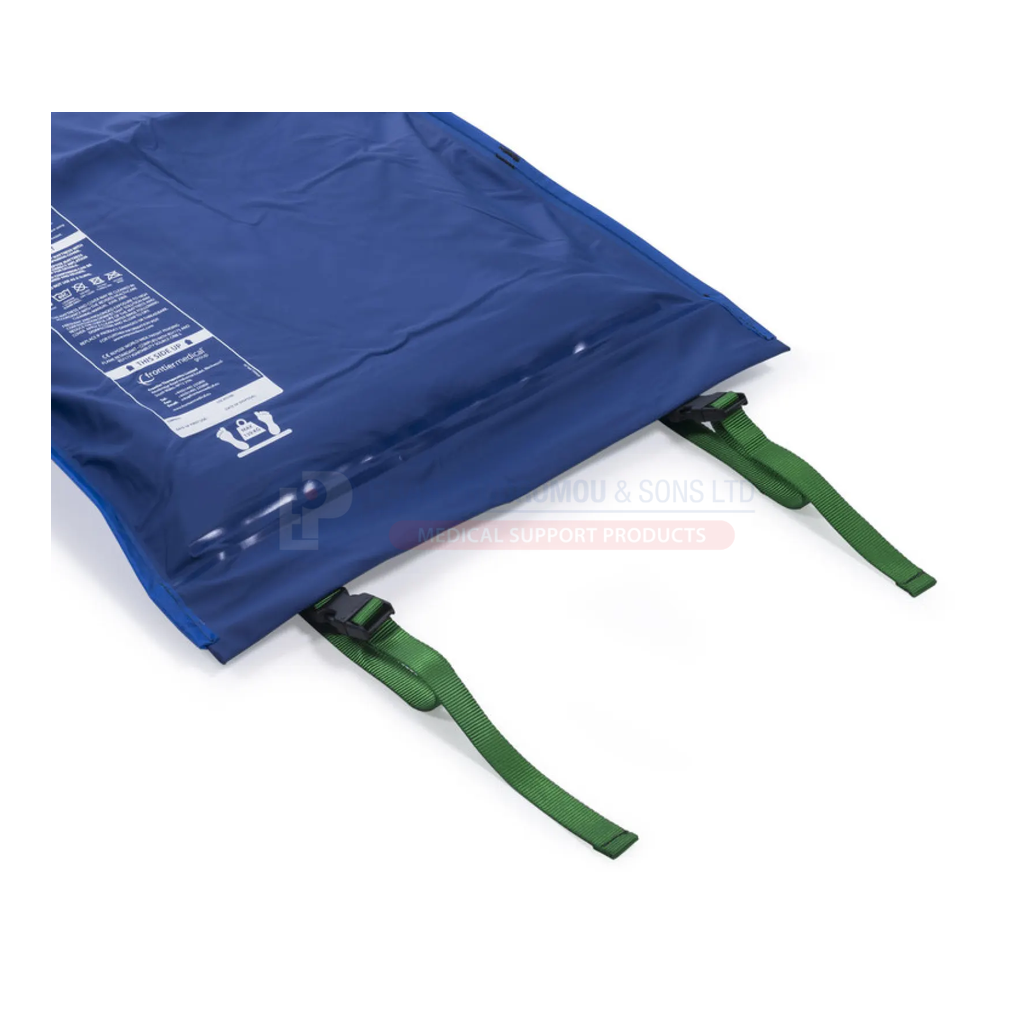 Trolley Companion end detail showing printed information and green straps/buckles. Cover shown fitted; inner and pump are not included.
