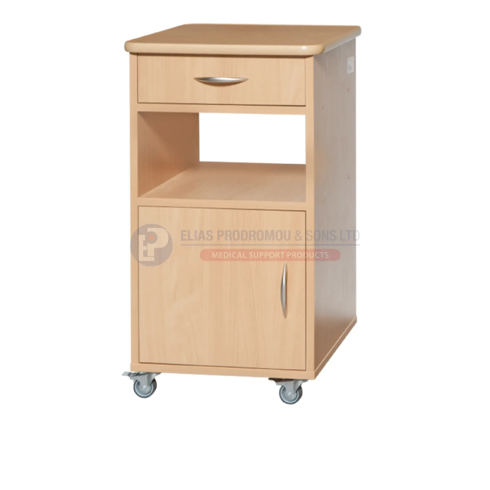 [103314] Wooden Bedside Cabinet Hospital Bed Table with Drawer & Storage on Wheels - 0805620