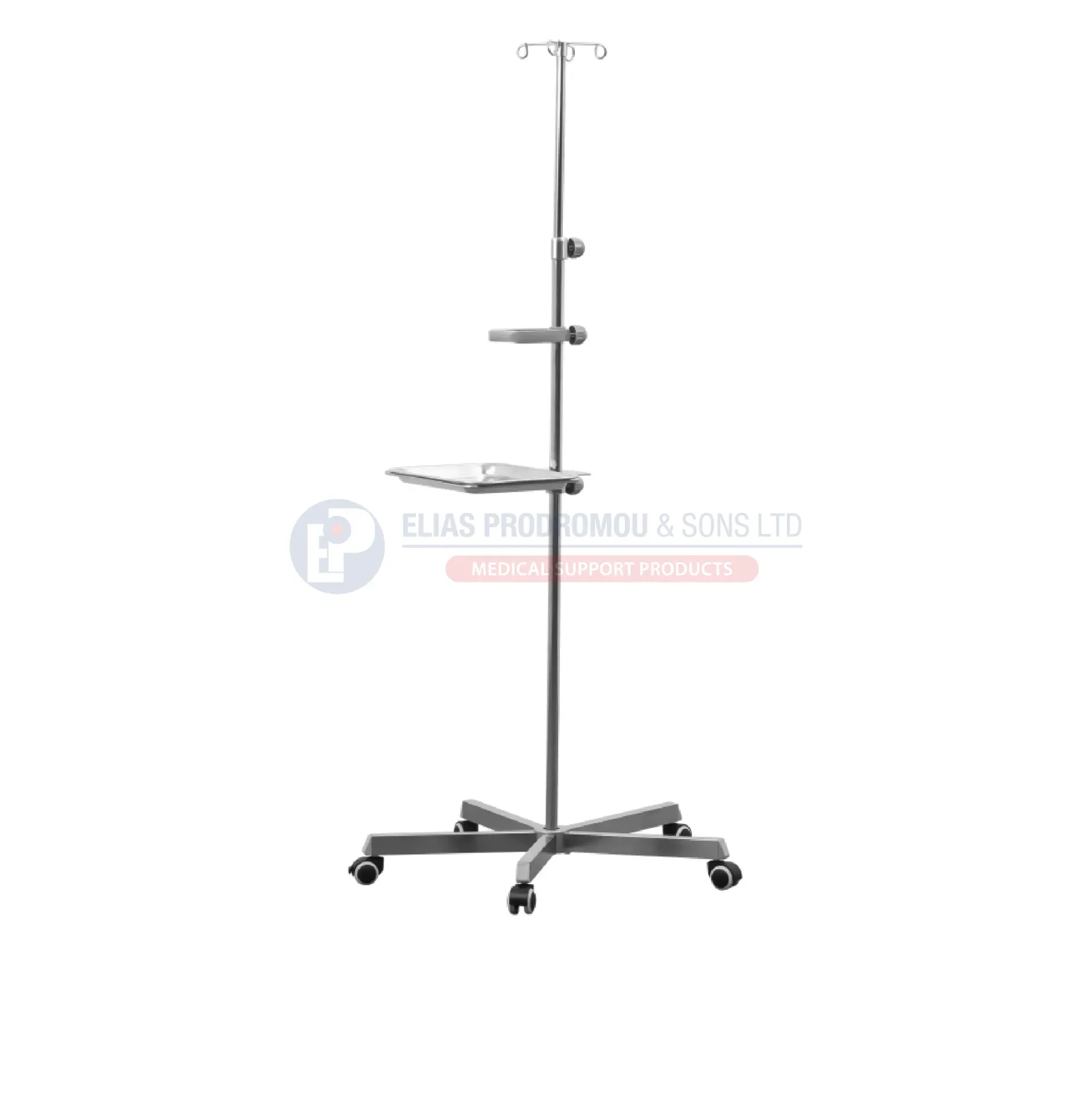 [103316] Hospital IV Stand with Tray & 4 Hooks Stainless Steel Medical IV Pole - 0805979