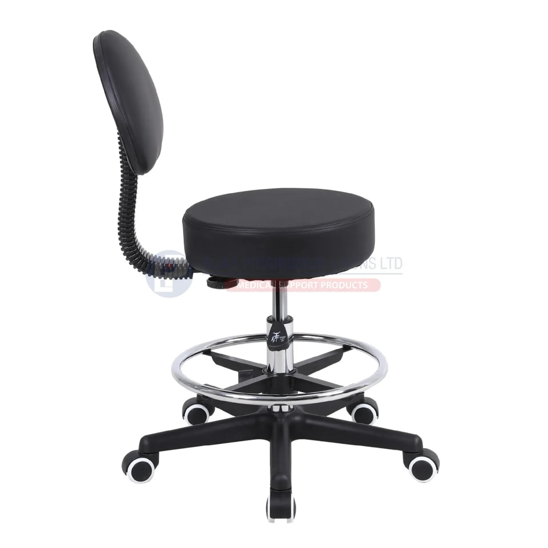 Wheeled Medical Stool with Backrest Adjustable Height Black Colour - 0812311